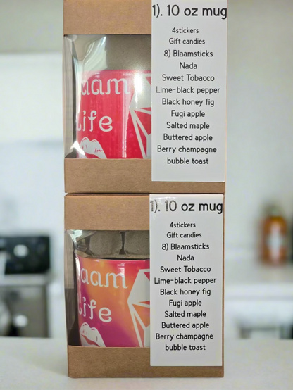 Two stacked boxes containing 'Blam life' mugs with a label detailing product contents.